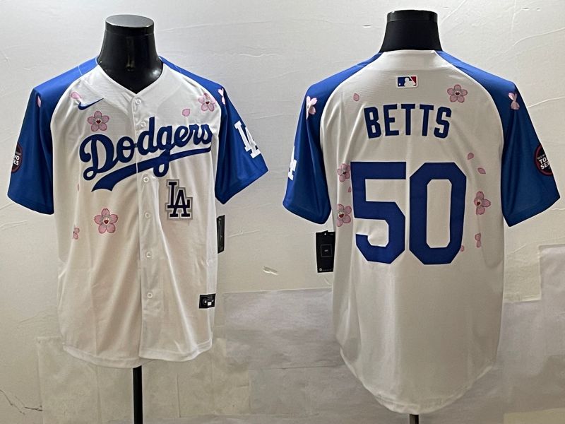 Men Los Angeles Dodgers #50 Betts White Blue Sakura Edition 2025 Nike MLB Jersey style 9